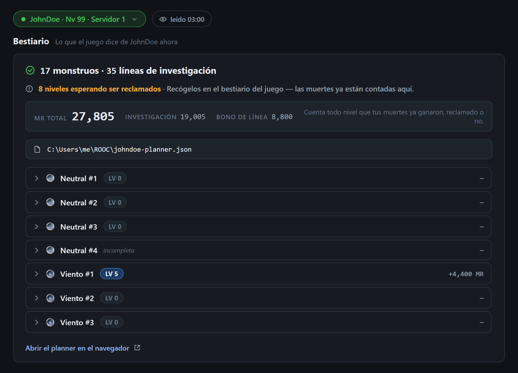 Captura de esta pantalla · Bestiario