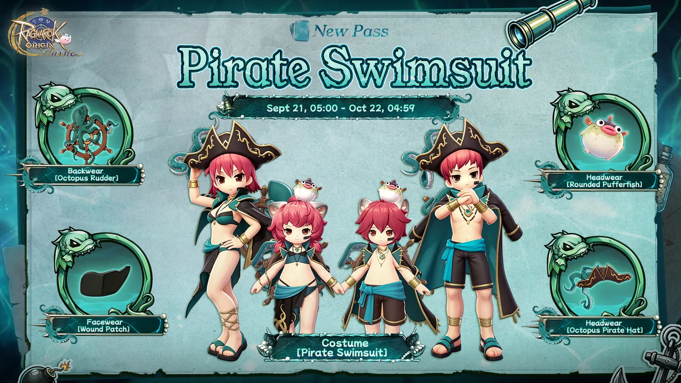 The official announcement art: the Pirate Swimsuit set on four characters, with each of the five pieces named.