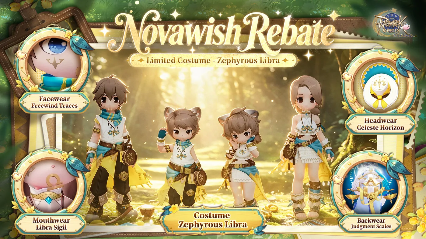 The official announcement art: the full set on four characters, with each of the five pieces named.