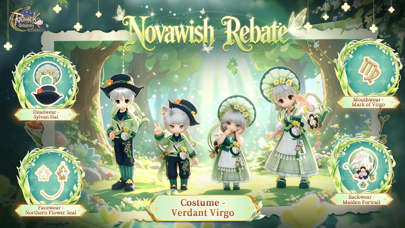 The official announcement art: the full set on four characters, with each of the five pieces named.